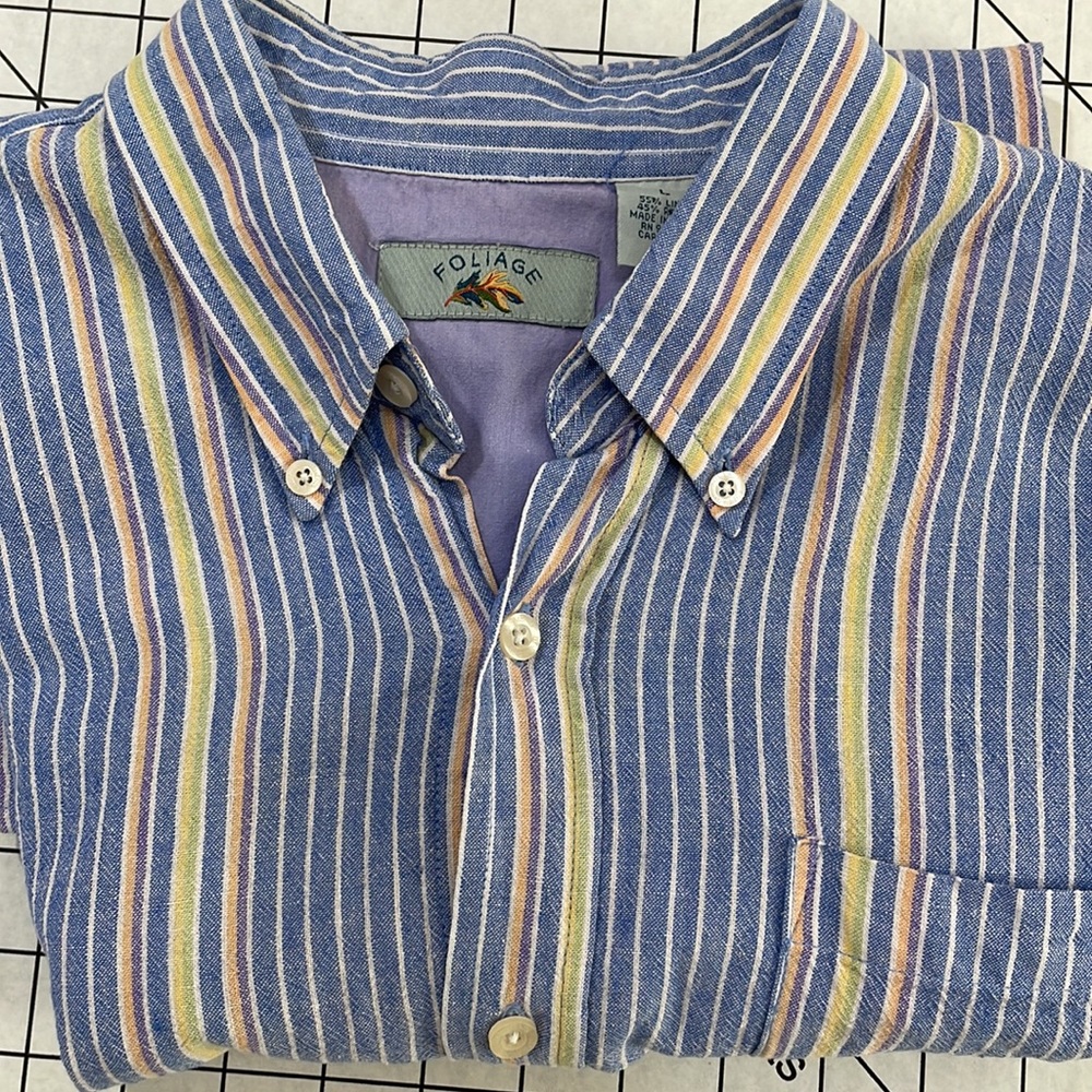 Foliage linen blend light blue/cream striped, short sleeve, button down shirt